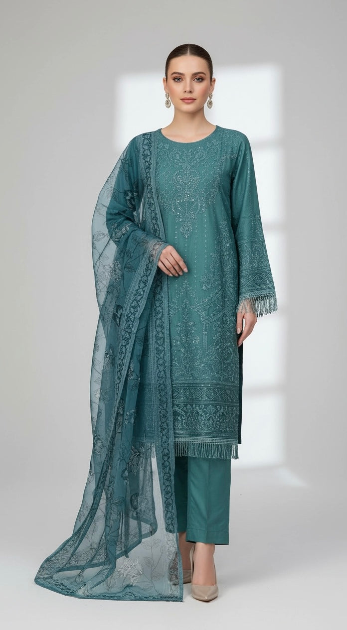 1183C - Teal Embroidered linen 3 piece suit