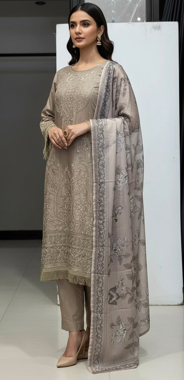 1183D - Beige Embroidered linen 3 piece suit
