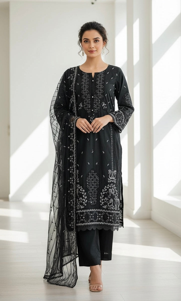 1174D - Black Embroidered Linen 3 Piece suit