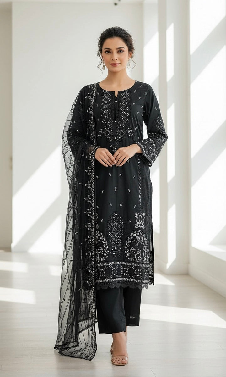 1174D - Black Embroidered Linen 3 Piece suit