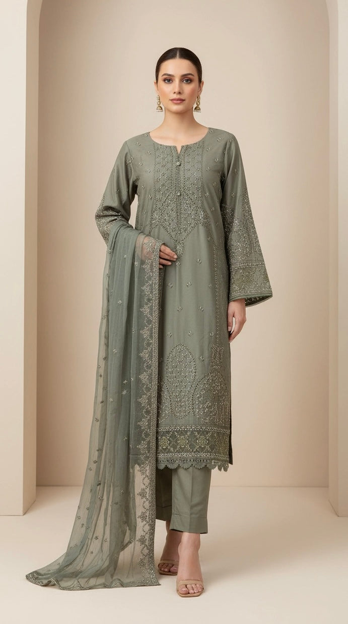 1174B - Grey Embroidered Linen 3 Piece suit