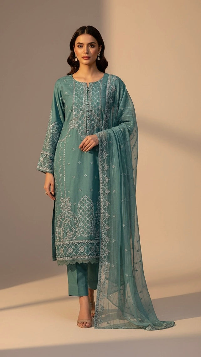 1174A - Teal Green Embroidered Linen 3 Piece suit
