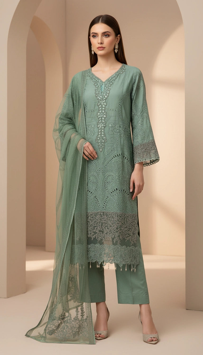 1173E - Green Embroidered Linen 3 Piece suit