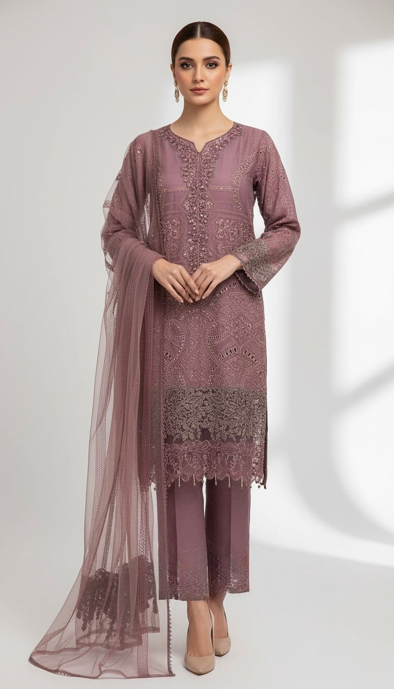 1173B - Pink Embroidered Linen 3 Piece suit
