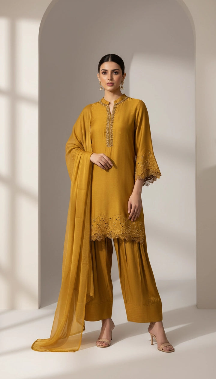 NF05 - Mustard Farshi Shalwar Embroidered linen suit