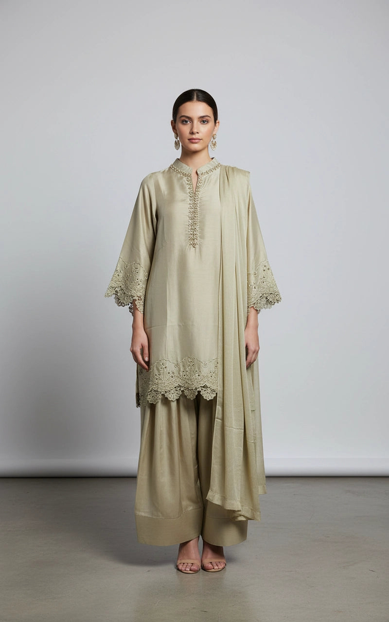 NF06 - Beige Farshi Shalwar Embroidered linen suit