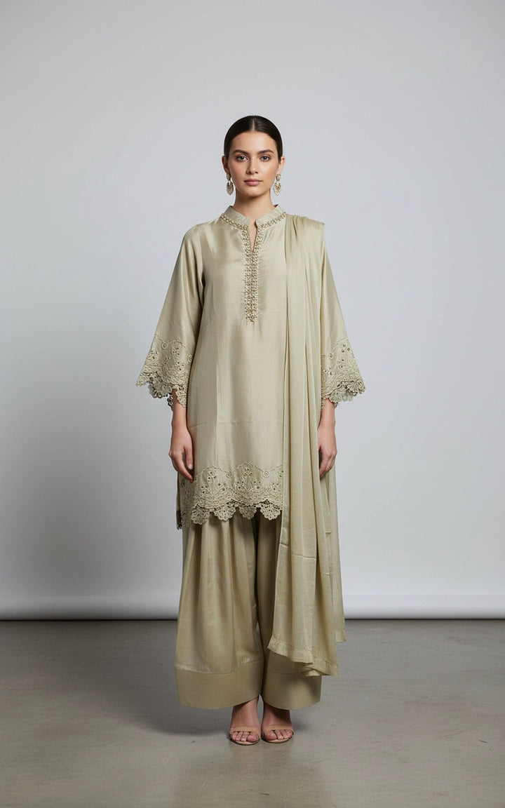NF06 - Beige Farshi Shalwar Embroidered linen suit