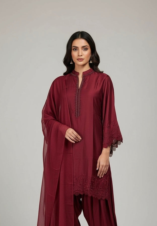NF07 - Red Farshi Shalwar Embroidered linen suit