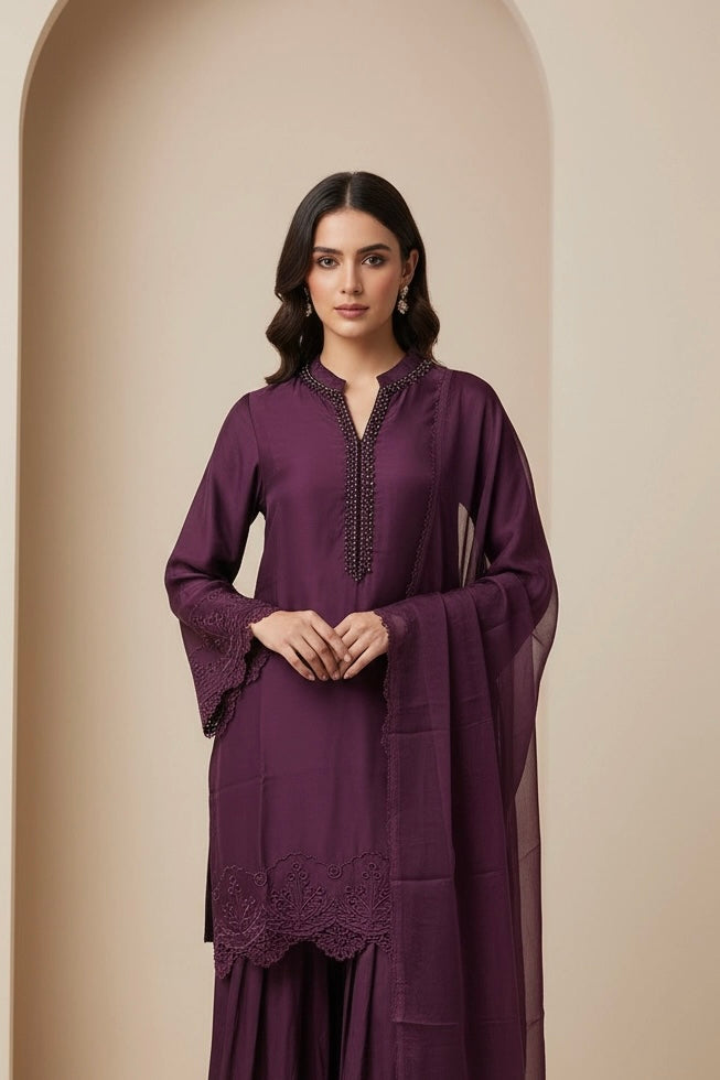 NF09 - Purple Farshi Shalwar Embroidered linen suit