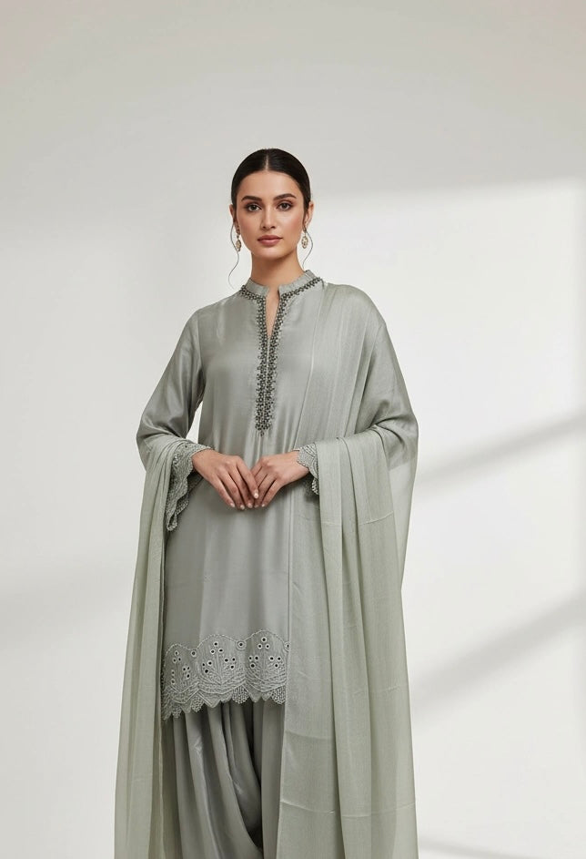 NF10 - Grey Farshi Shalwar Embroidered linen suit