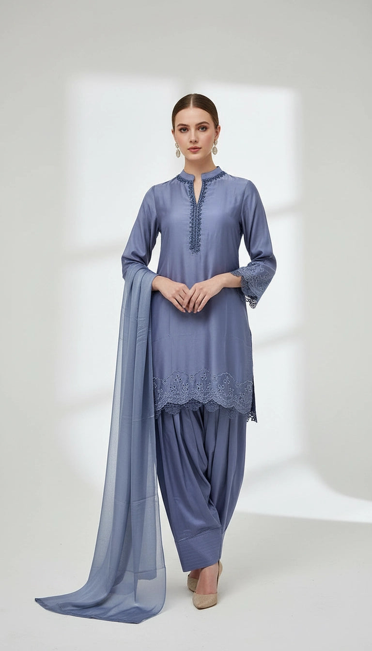 NF08 - Lavender Blue Farshi Shalwar Embroidered linen suit