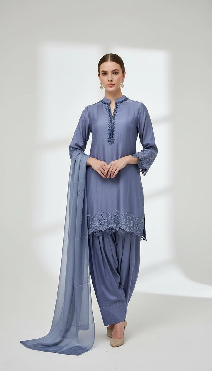 NF08 - Lavender Blue Farshi Shalwar Embroidered linen suit