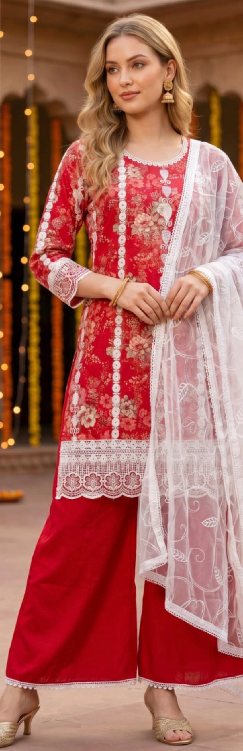 LM04 - RED EMBROIDERED LAWN PRINT 3 PIECE SUIT