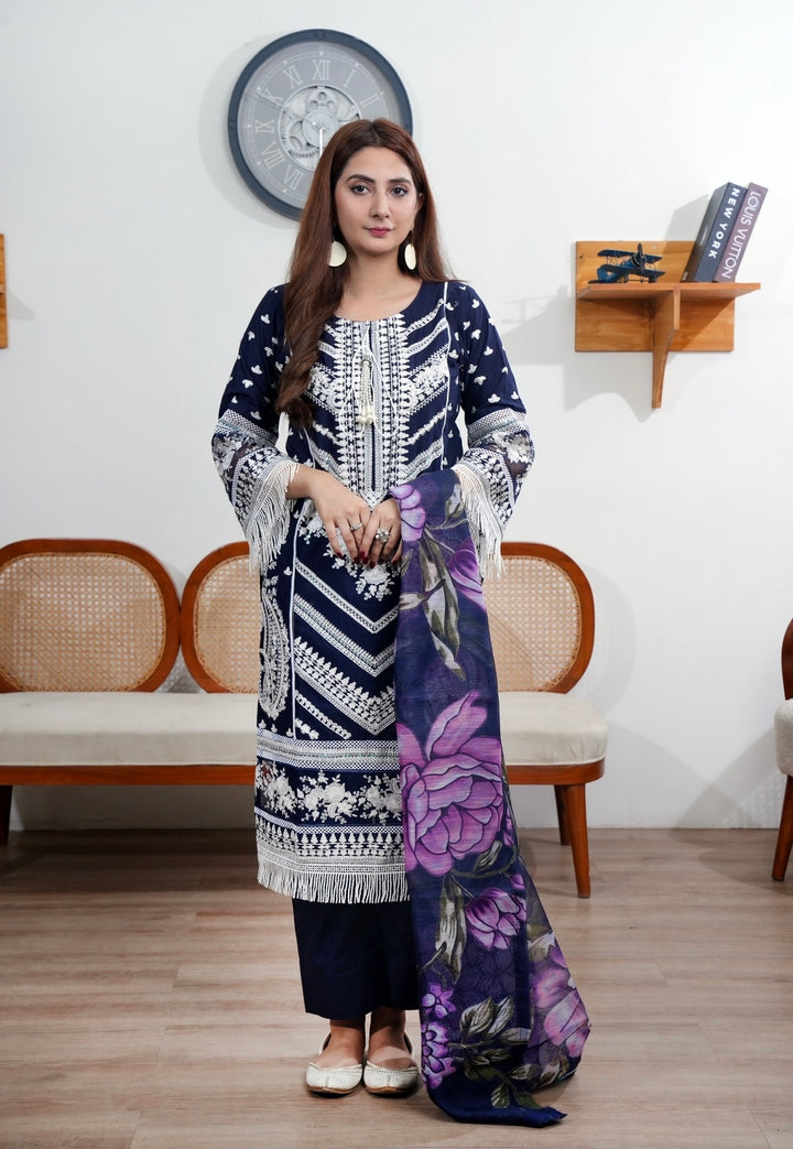 1129N - Navy Blue Embroidered Cotton Suit