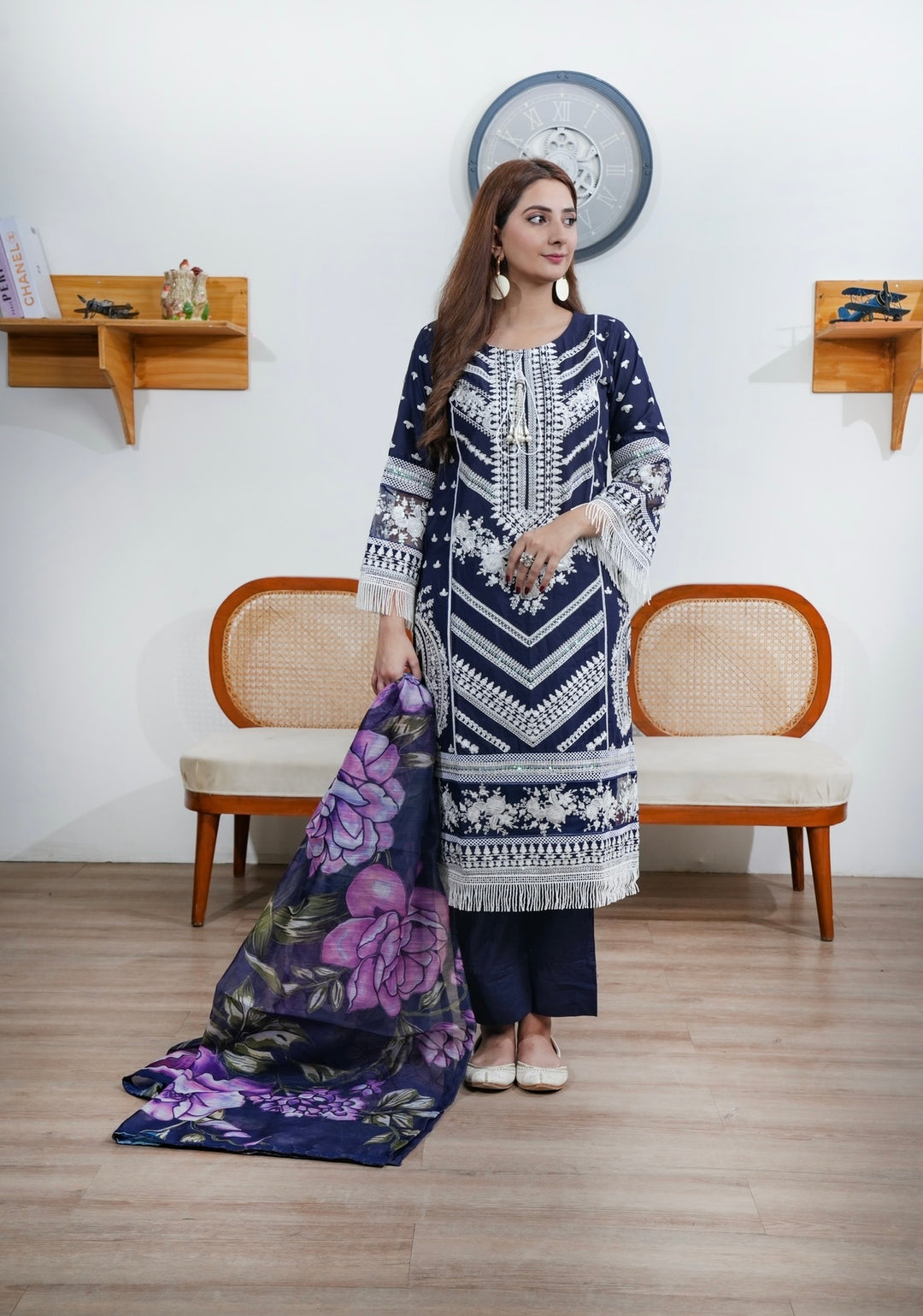 1129N - Navy Blue Embroidered Cotton Suit