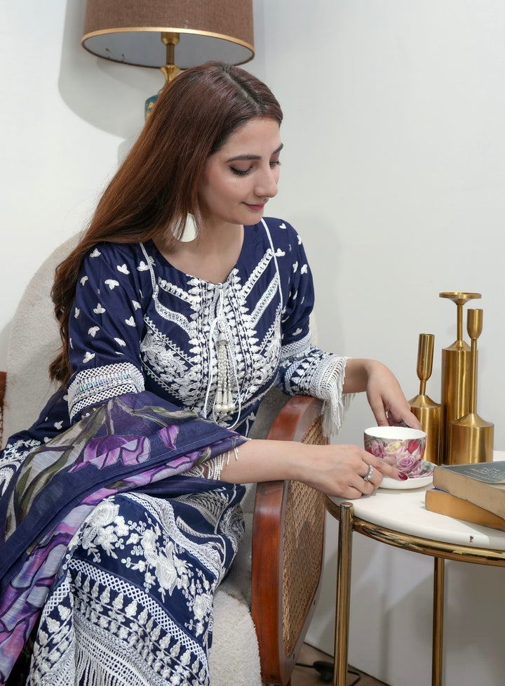 1129N - Navy Blue Embroidered Cotton Suit