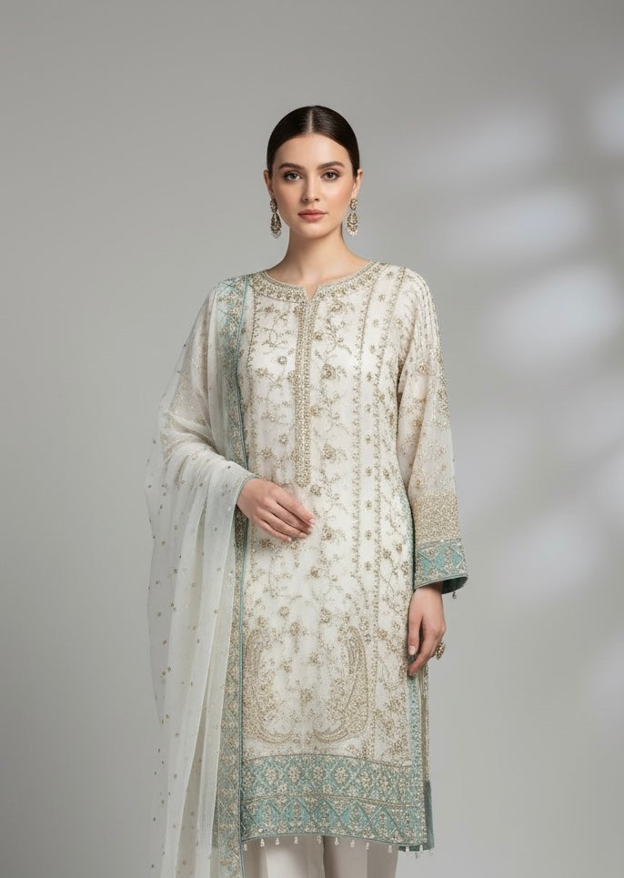 340A- Cream Embroidered Chiffon 3 Piece Suit