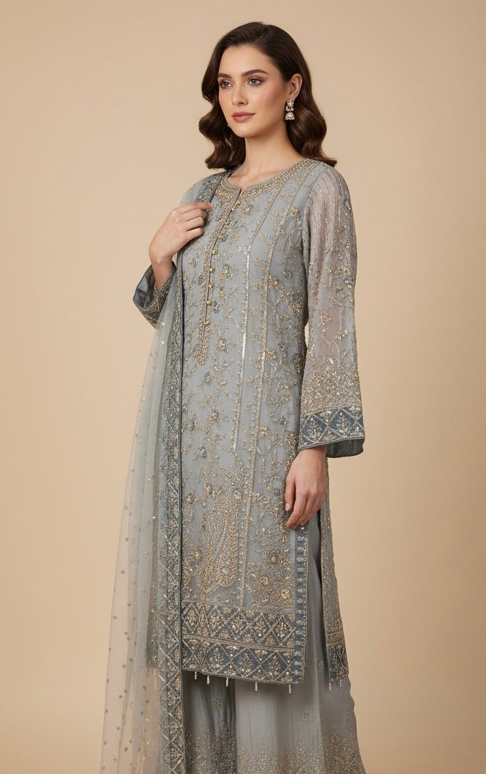 340D- Grey Embroidered Chiffon 3 Piece Suit