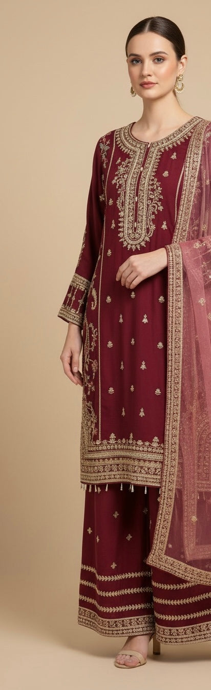 344A- Plum Embroidered Chiffon 3 Piece Suit
