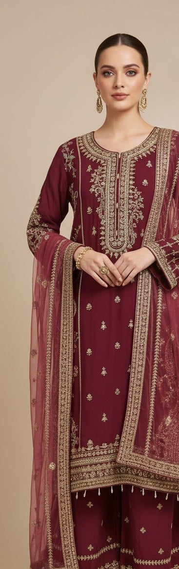 344A- Plum Embroidered Chiffon 3 Piece Suit