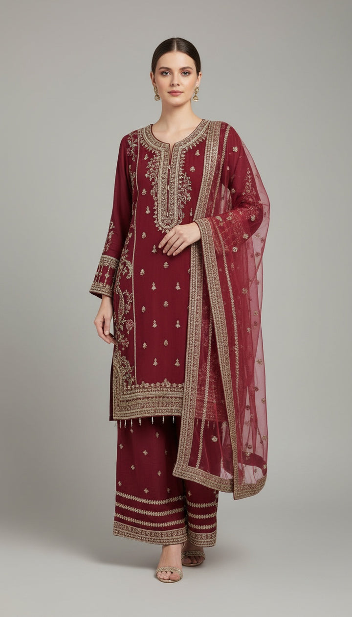 344B- Red Embroidered Chiffon 3 Piece Suit