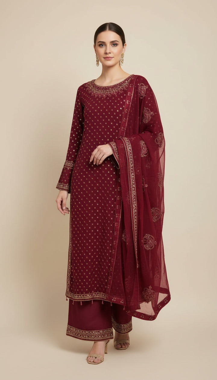345A- Red Embroidered Chiffon 3 Piece Suit