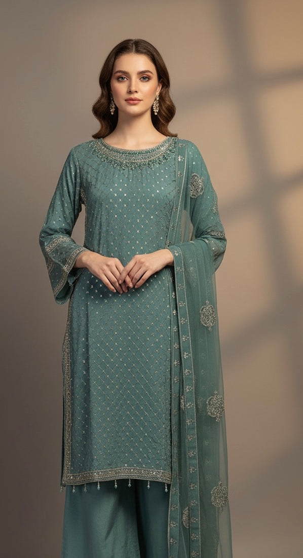 345C- Teal Embroidered Chiffon 3 Piece Suit