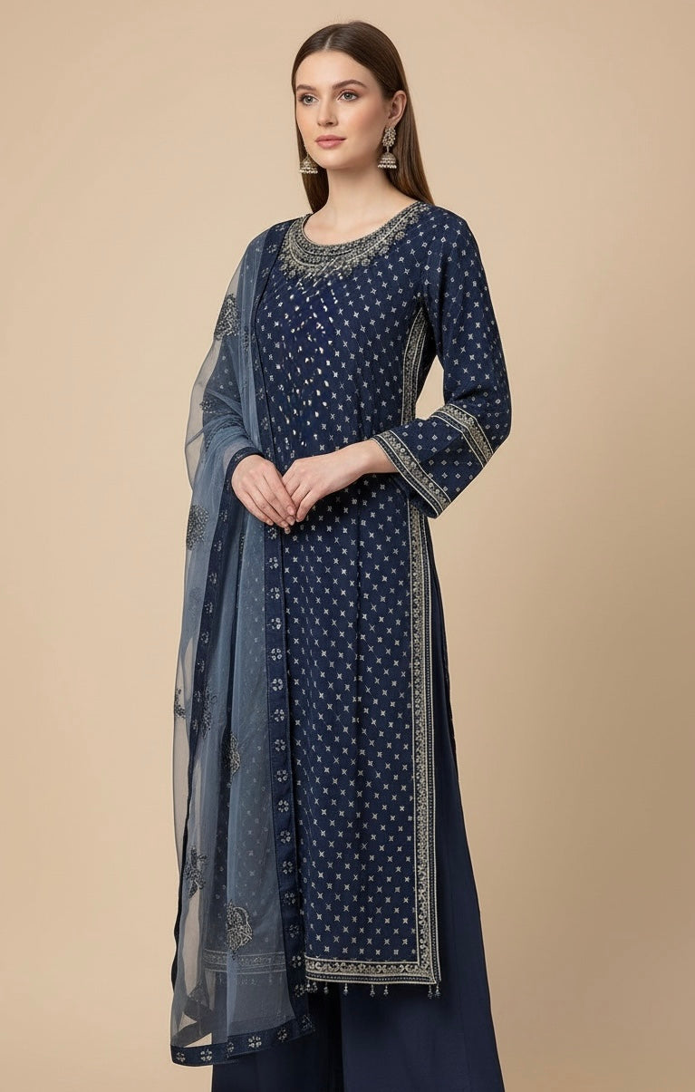 345B- Blue Embroidered Chiffon 3 Piece Suit