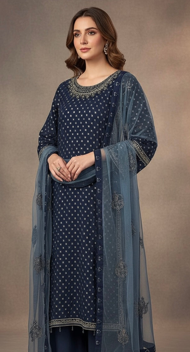 345B- Blue Embroidered Chiffon 3 Piece Suit