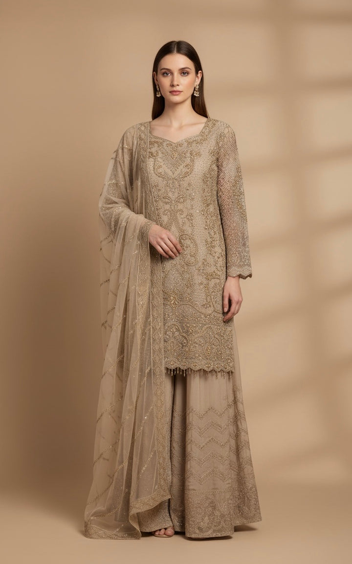 346A- Light Beige Embroidered Chiffon 3 Piece Suit