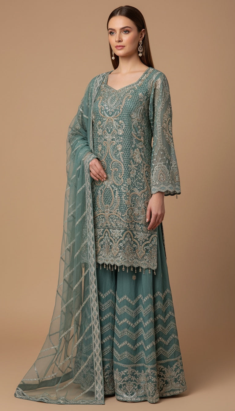 346C- Embroidered Chiffon 3 Piece Suit