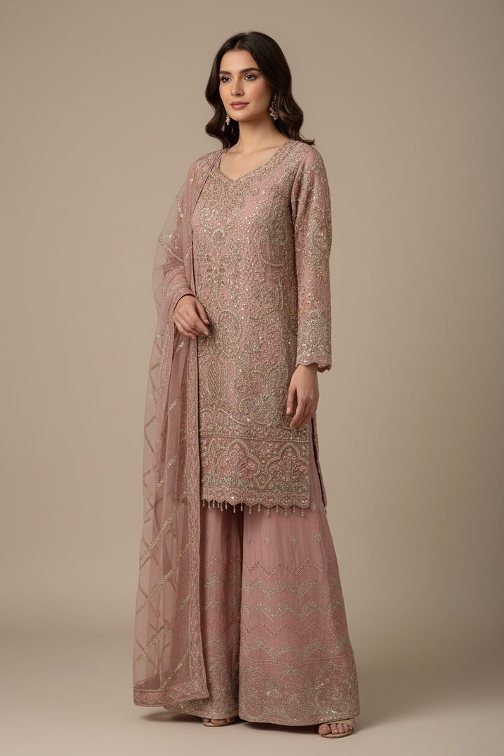 346B- Pink Embroidered Chiffon 3 Piece Suit