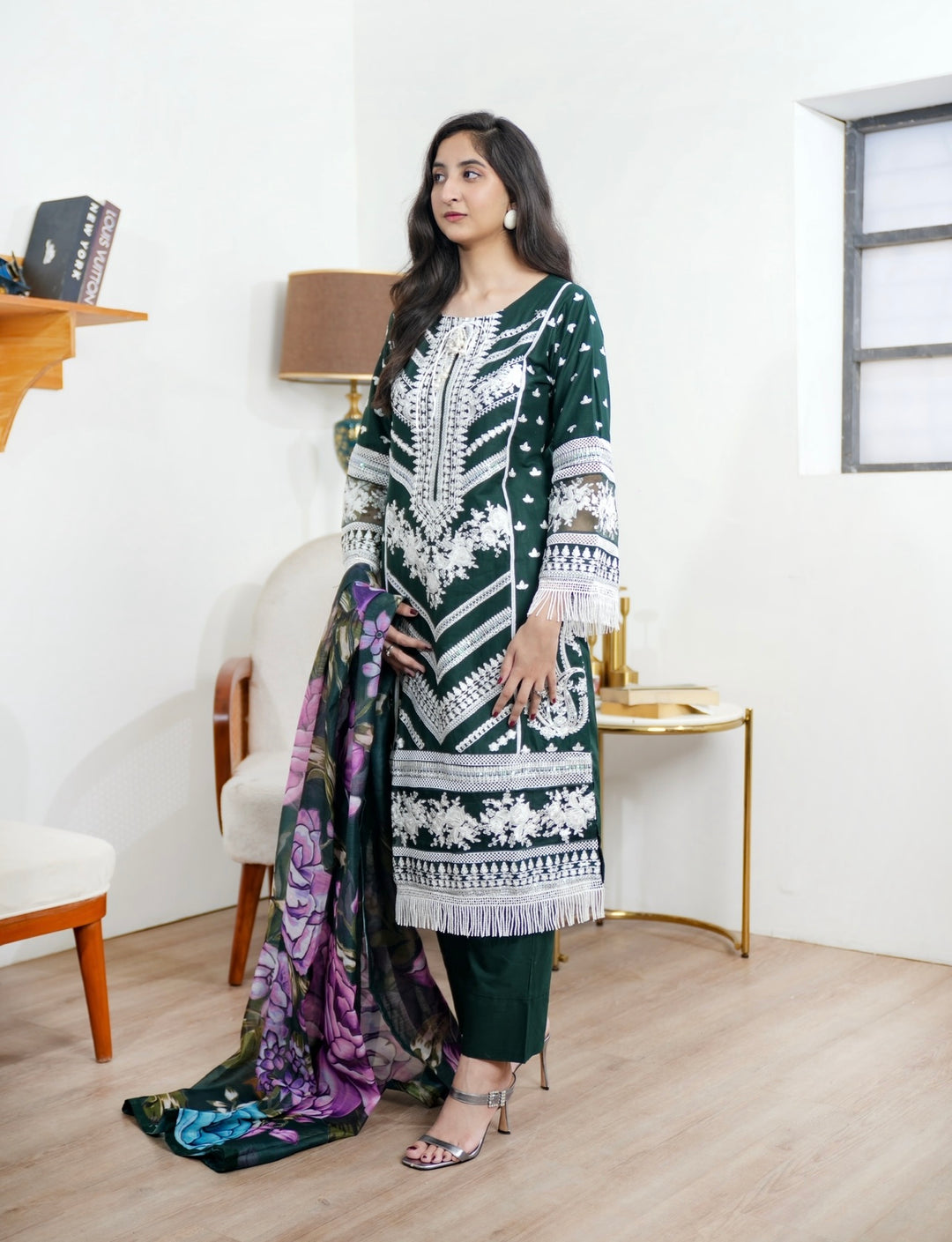 1129M - Green Embroidered Cotton Suit