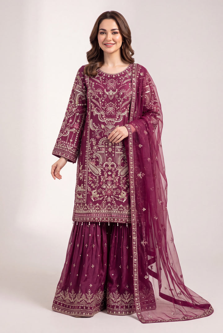 353A - Plum Embroidered Chiffon Gharara 3 Piece Suit