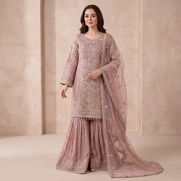 353B - Pink Embroidered Chiffon Gharara 3 Piece Suit