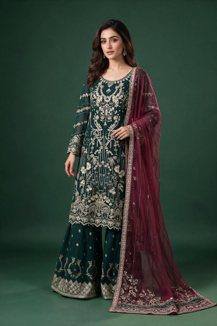 354A - Green Embroidered Chiffon Sharara 3 Piece Suit