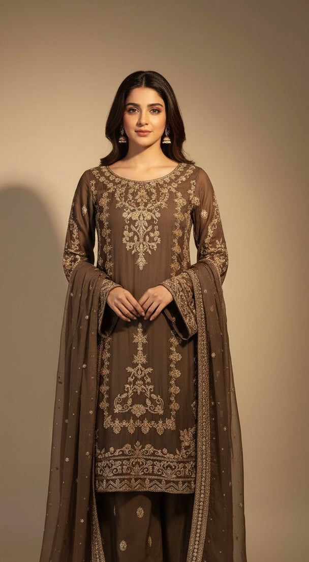 347A- Brown Embroidered Chiffon 3 Piece Suit