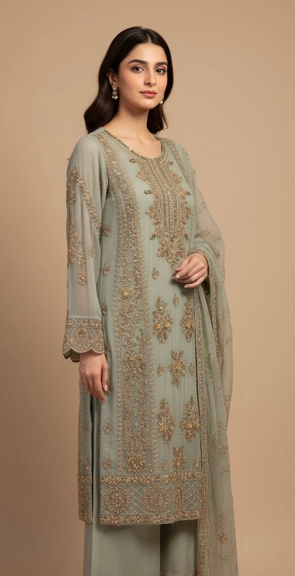348A- Embroidered Chiffon 3 Piece Suit