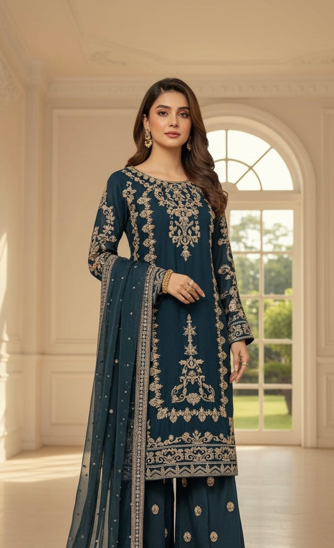 347B- Teal Embroidered Chiffon 3 Piece Suit
