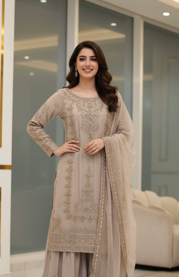 347C - Beige Embroidered Chiffon 3 Piece Suit