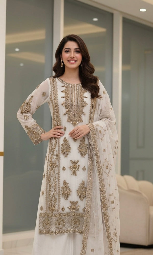 348B- Embroidered Chiffon 3 Piece Suit