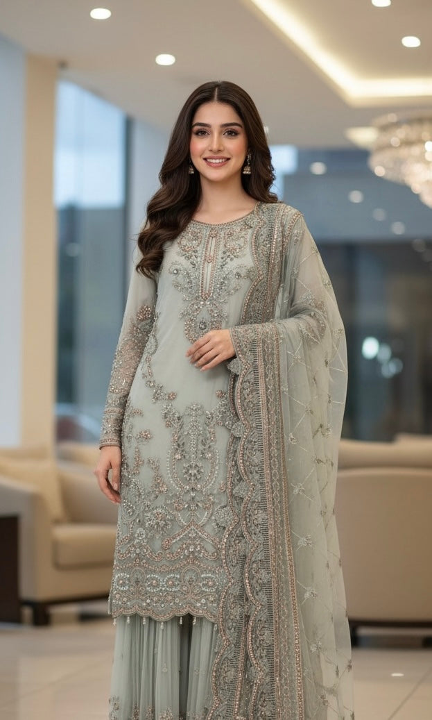 358A- Embroidered Net Sharara 3 Piece Suit