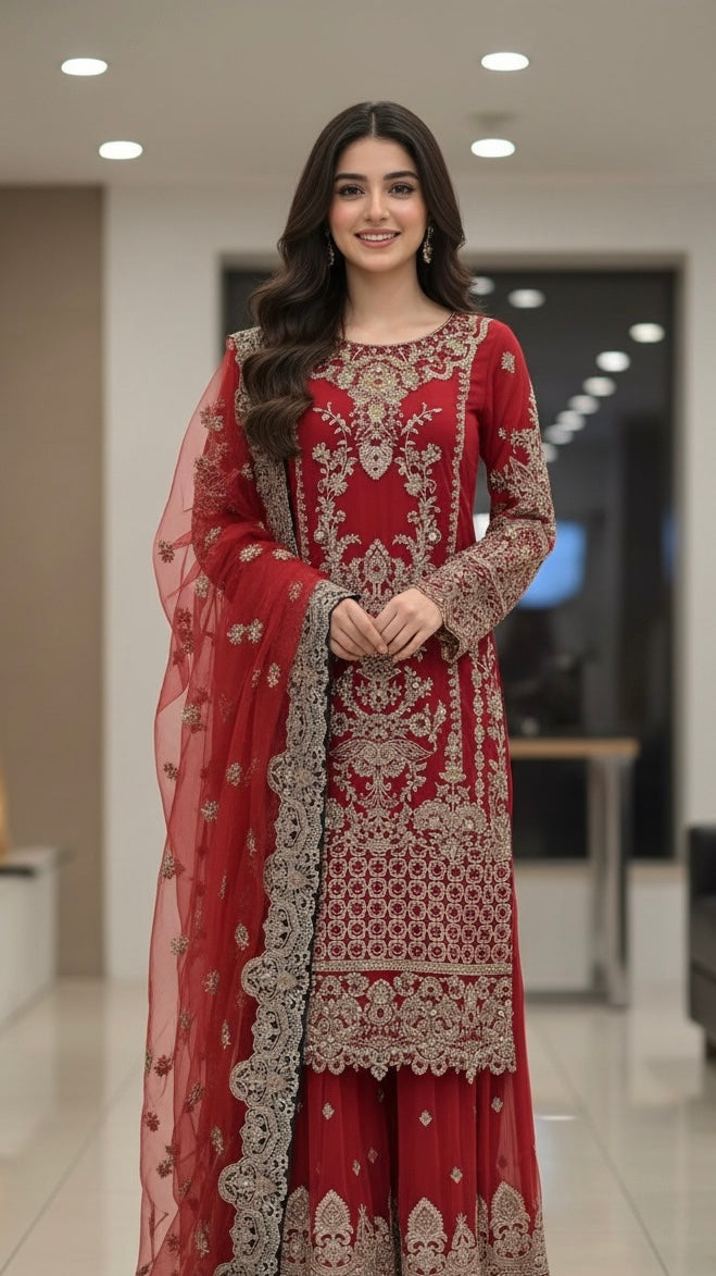 357B- Red Embroidered Net Sharara 3 Piece Suit