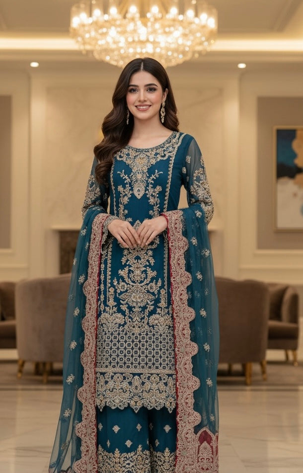 357A- Teal Embroidered Net Sharara 3 Piece Suit