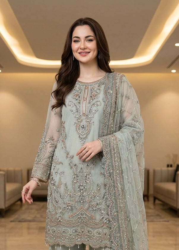 358A- Embroidered Net Sharara 3 Piece Suit
