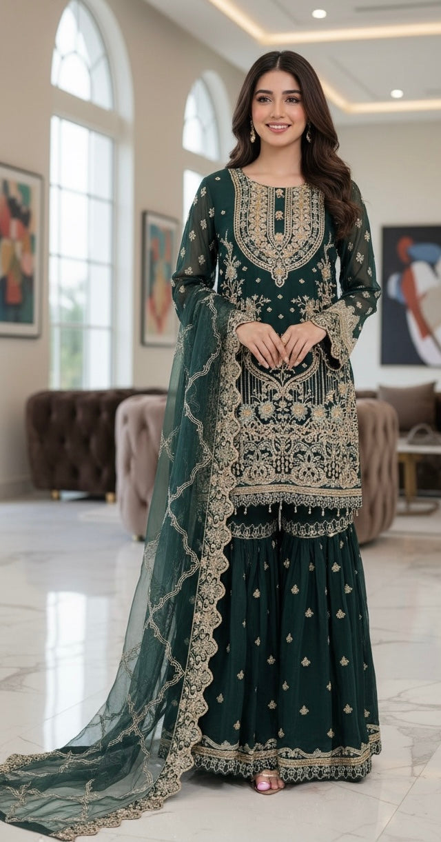 359B - Green Embroidered Chiffon Gharara 3 Piece Suit