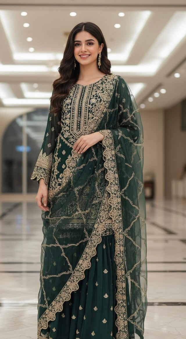359B - Green Embroidered Chiffon Gharara 3 Piece Suit