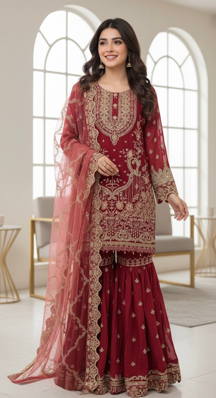 359A - Red Embroidered Chiffon Gharara 3 Piece Suit