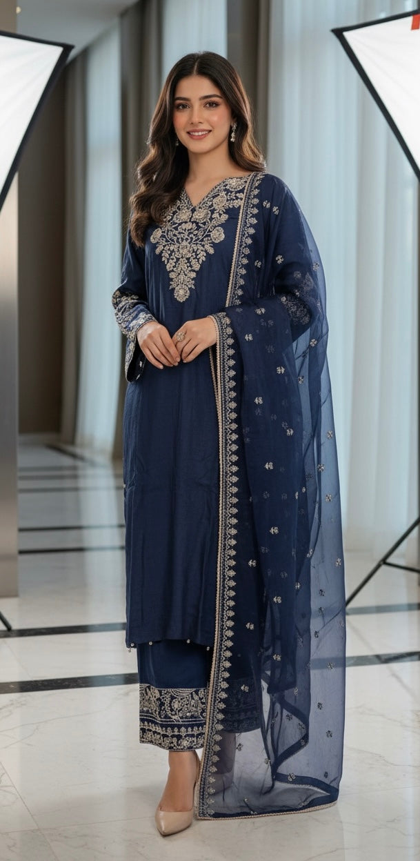 360A- Blue Embroidered Silk 3 Piece Suit