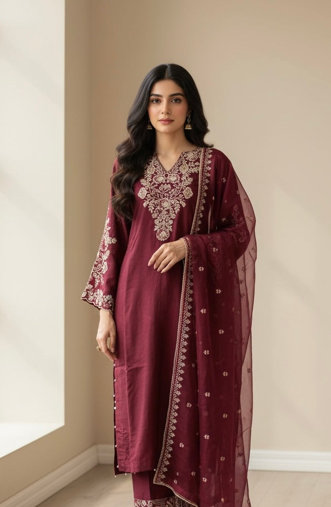 360B- Red Embroidered Silk 3 Piece Suit